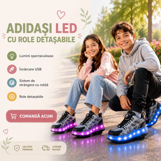 Adidași LED cu Role Detașabile pentru Copii – Încărcare USB, Sistem cu Rotiță, Multicolor
